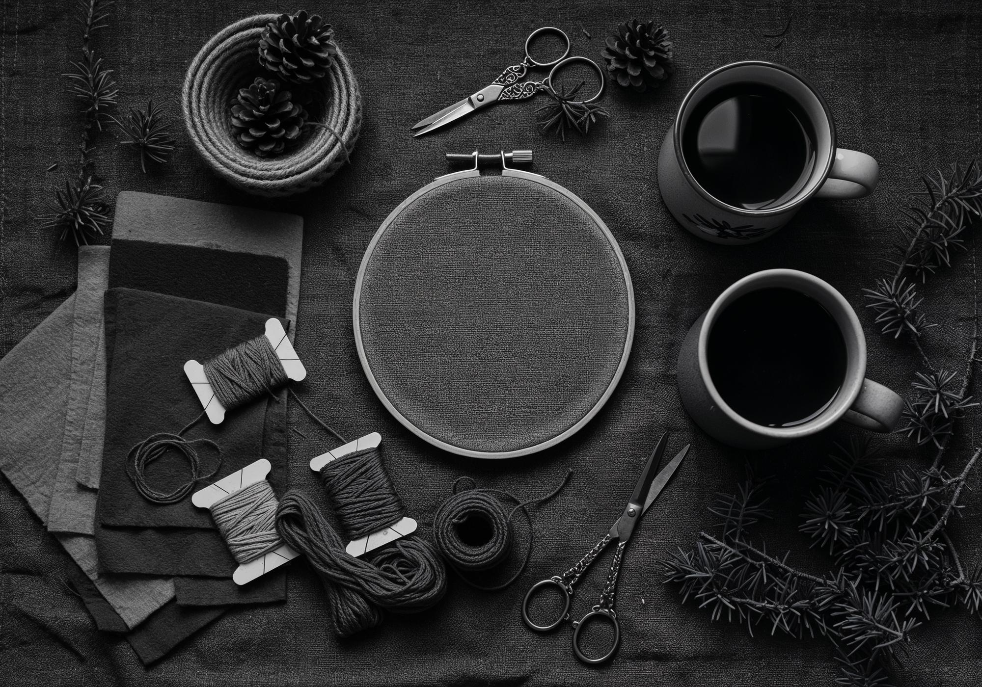 Workshop table with threads, hoops and a partially embroidered jacket