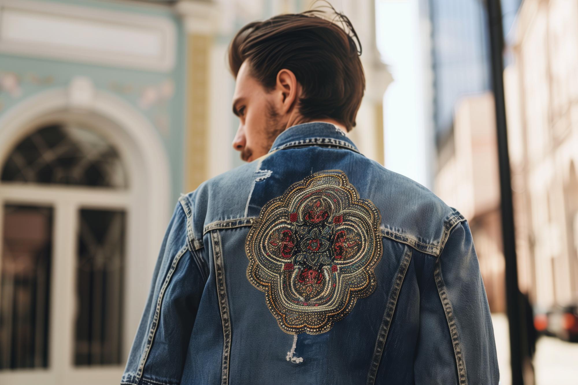 Denim jacket with embroidered crest on back