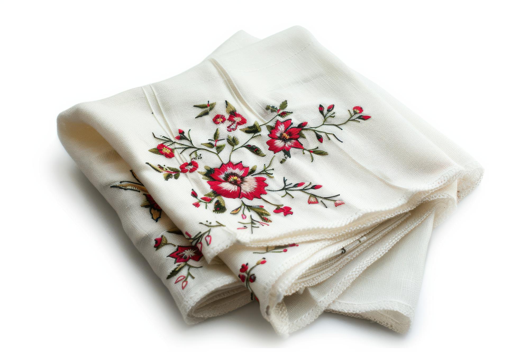 Set of embroidered napkins arranged on table
